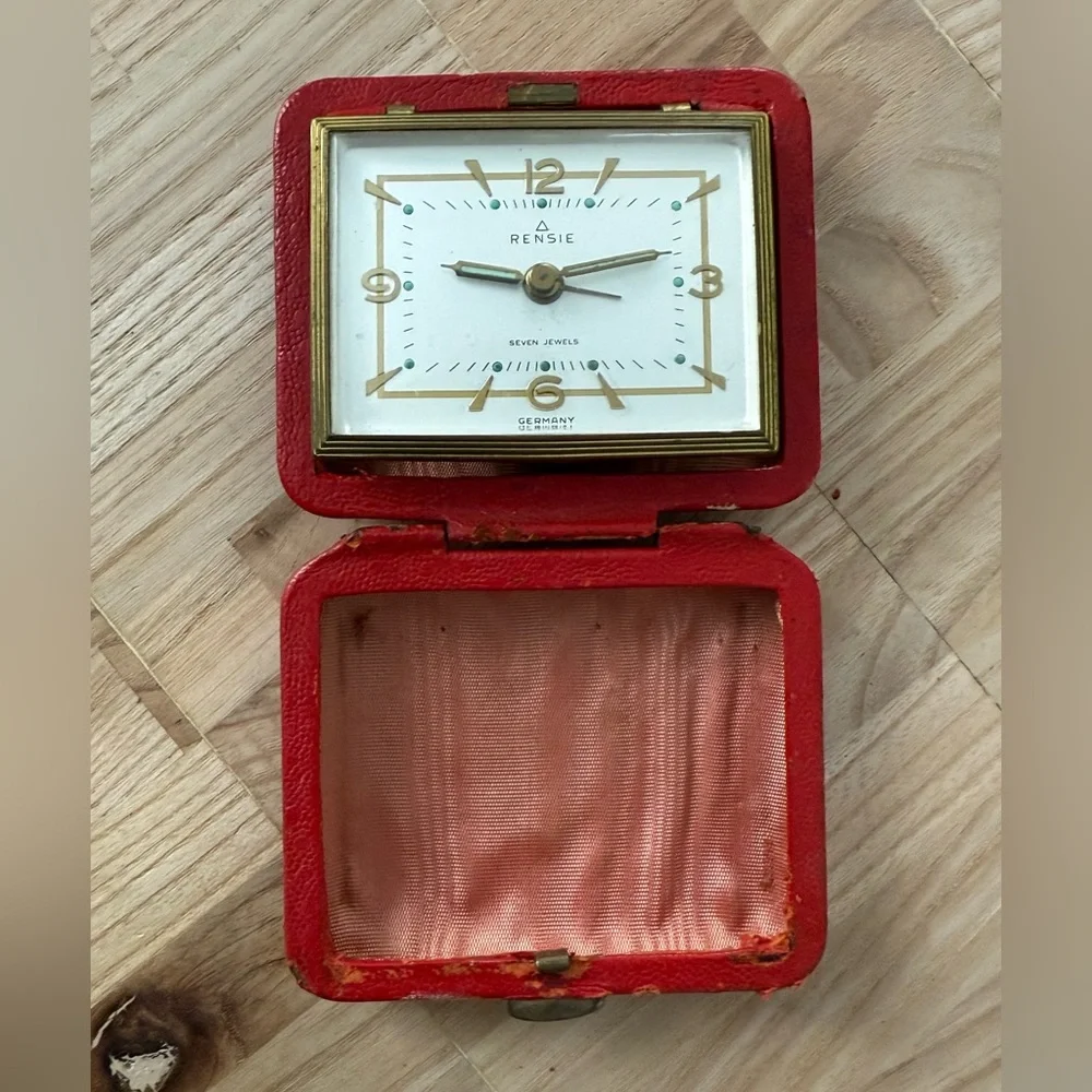 Rensie Travel Alarm Clark Rare Vintage Seven Jewels White Dial Red Leather Case